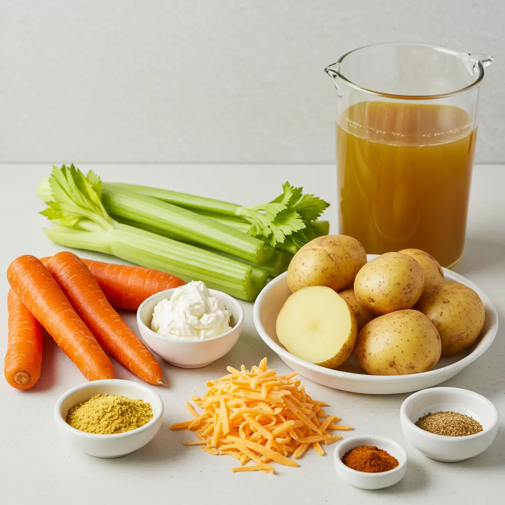 Ingredients for Vegan Cheeseburger Soup laid out on a table