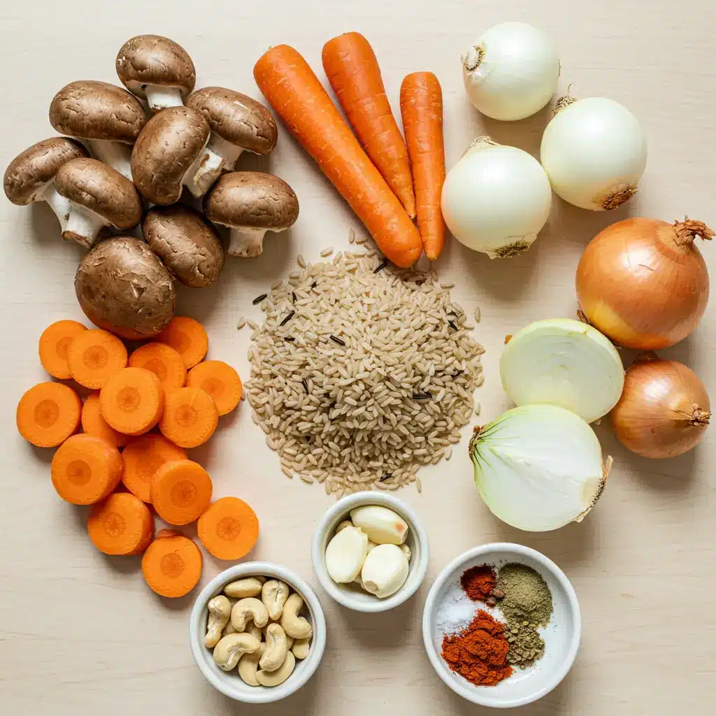Vegan mushroom soup with wild rice ingredients on kitchen counter