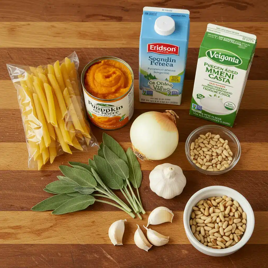Ingredients for Vegan Pumpkin Pasta on rustic table