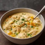 White Chicken Lasagna Soup served in a bowl with basil garnish
