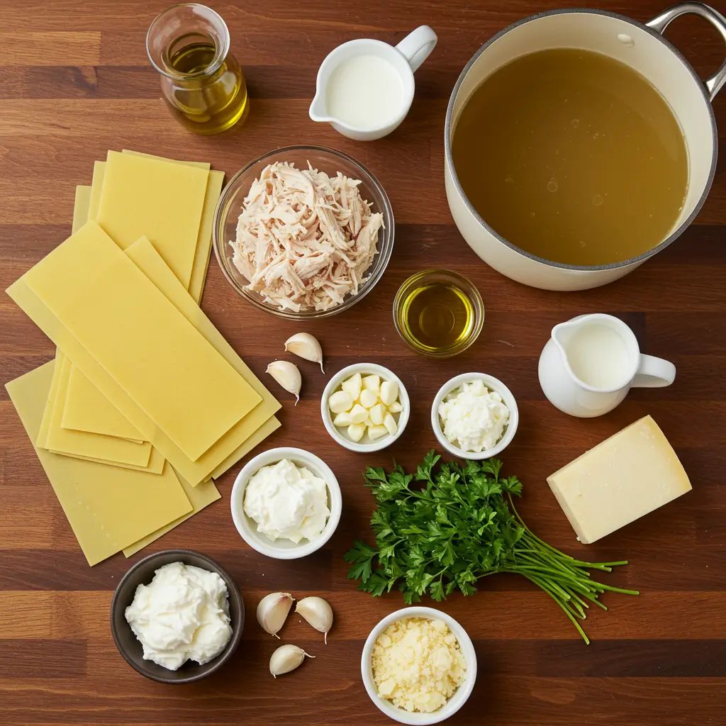 White Chicken Lasagna Soup ingredients on wooden counter