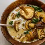 Wild Mushroom, Caramelized Onion and Kale Soup in rustic bowl