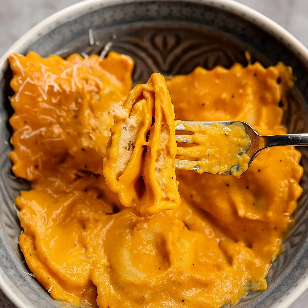 Creamy pumpkin ravioli coated in a rich orange sauce – 20 Minute Creamy Pumpkin Ravioli