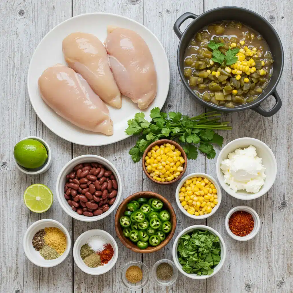 Ingredients for Crockpot White Chicken Chili Soup on wooden table