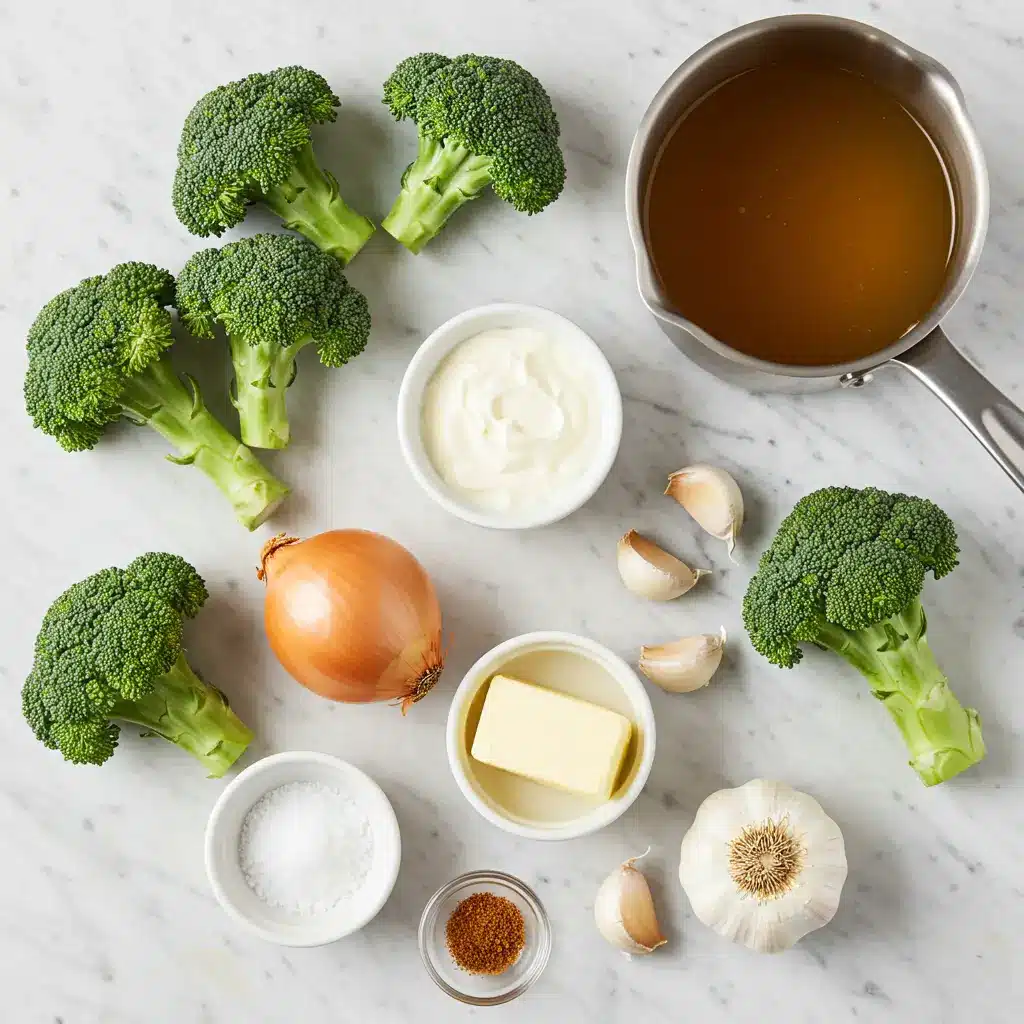 Ingredients for Cream Of Broccoli Soup Recipe laid out neatly.