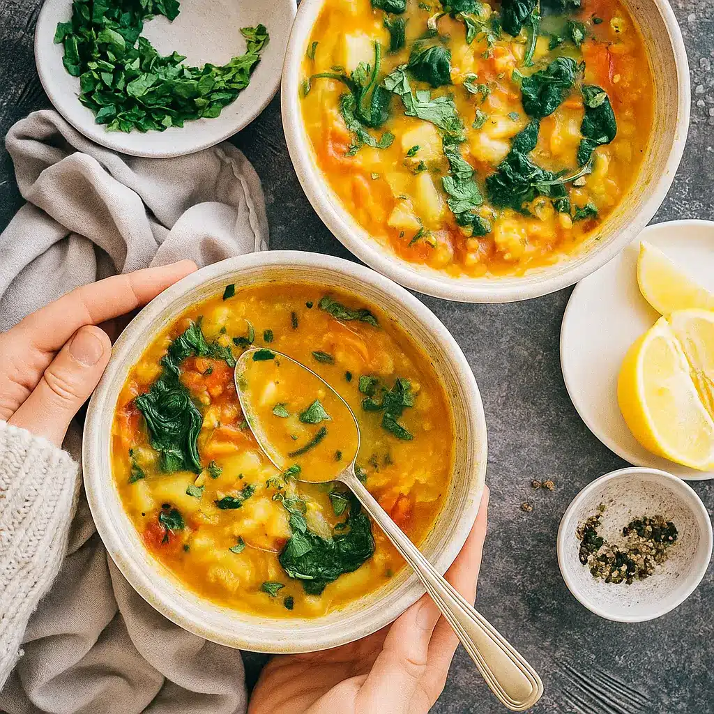 Anti-Inflammatory Veggie Soup with Turmeric in a cozy bowl