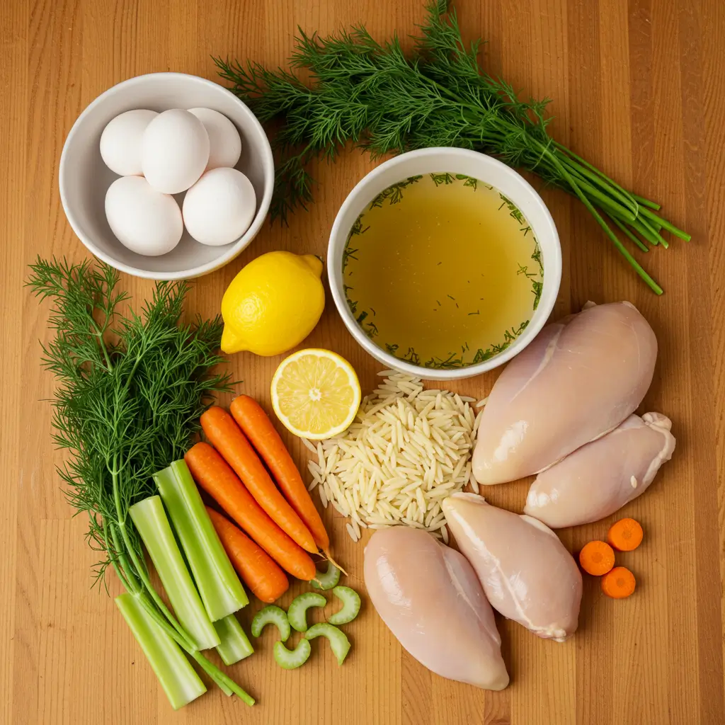 Avgolemono Soup ingredients flat lay