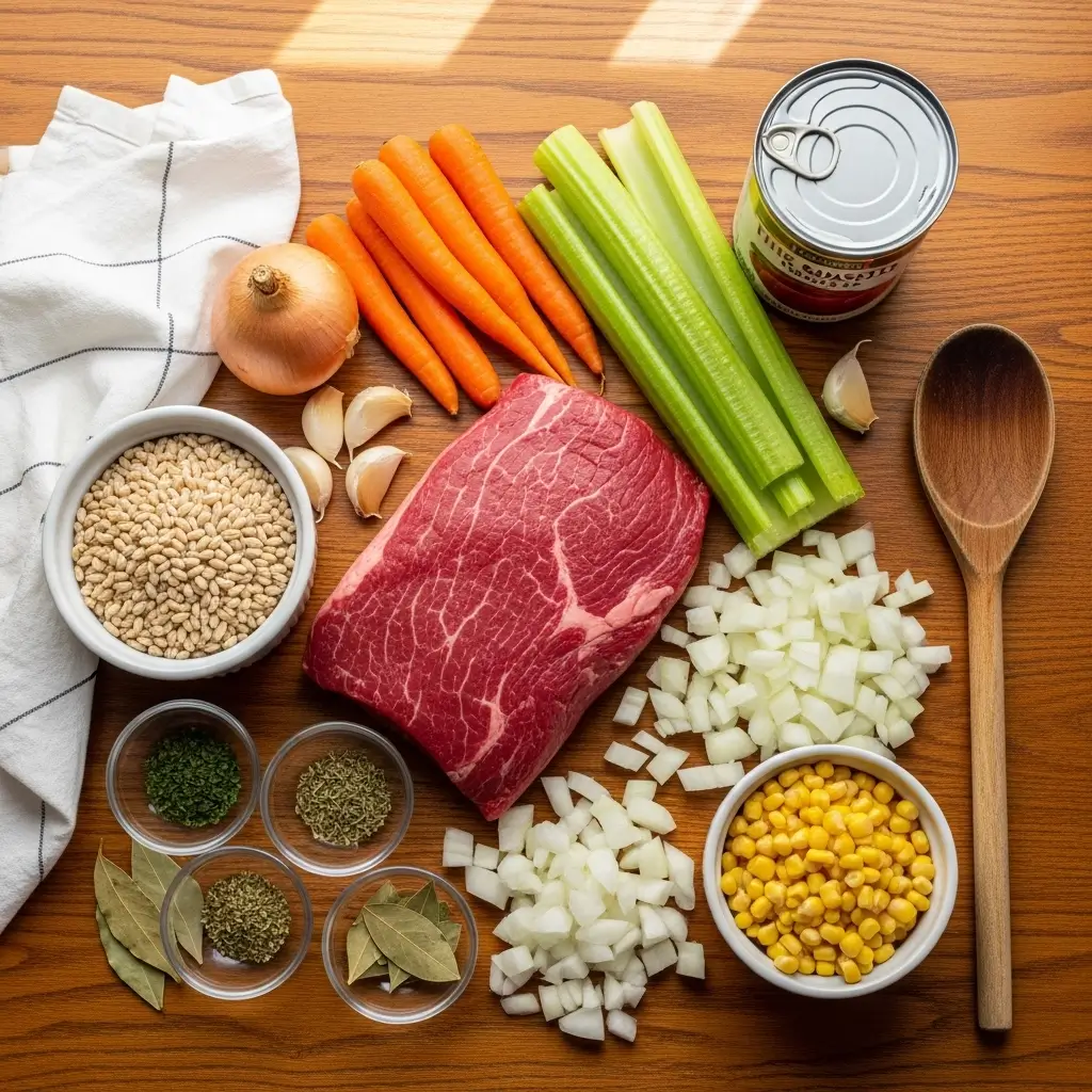 fresh beef barley soup ingredients on rustic wooden table