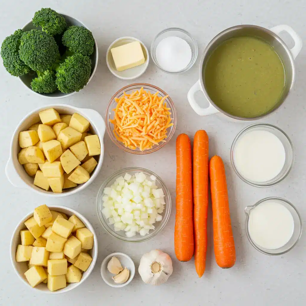 Fresh ingredients for Best Broccoli Potato Cheese Soup