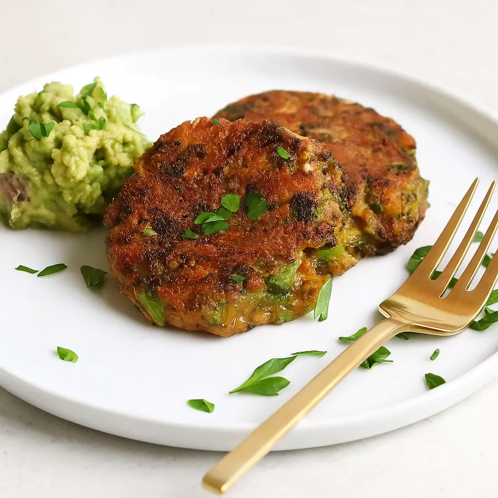 Broccoli Cheddar Patties recipe with avocado topping