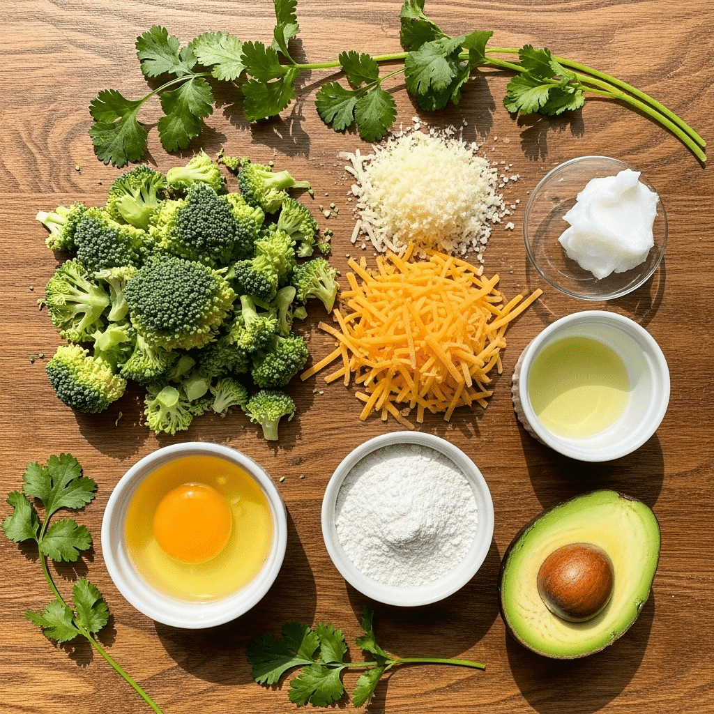 : Broccoli Cheddar Patties ingredients flat lay