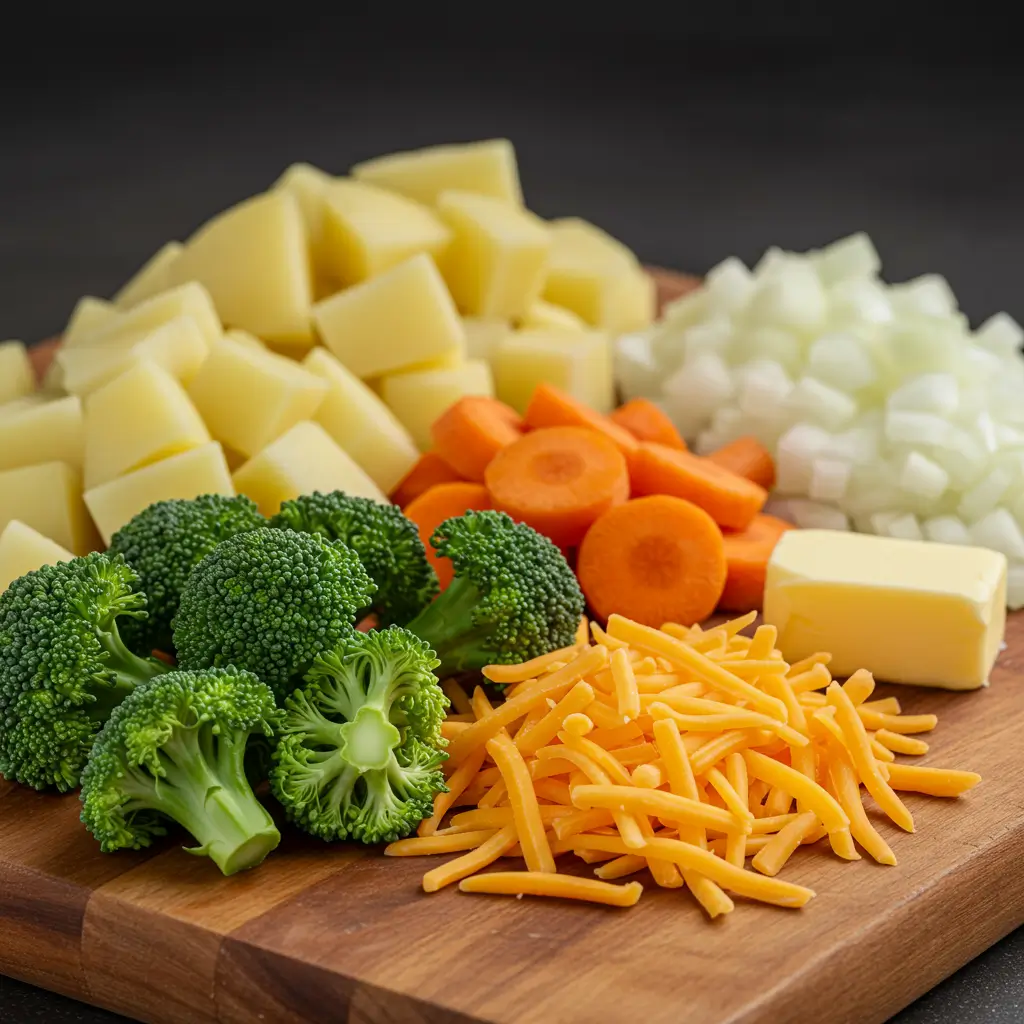 broccoli potato cheese soup ingredients on wooden board