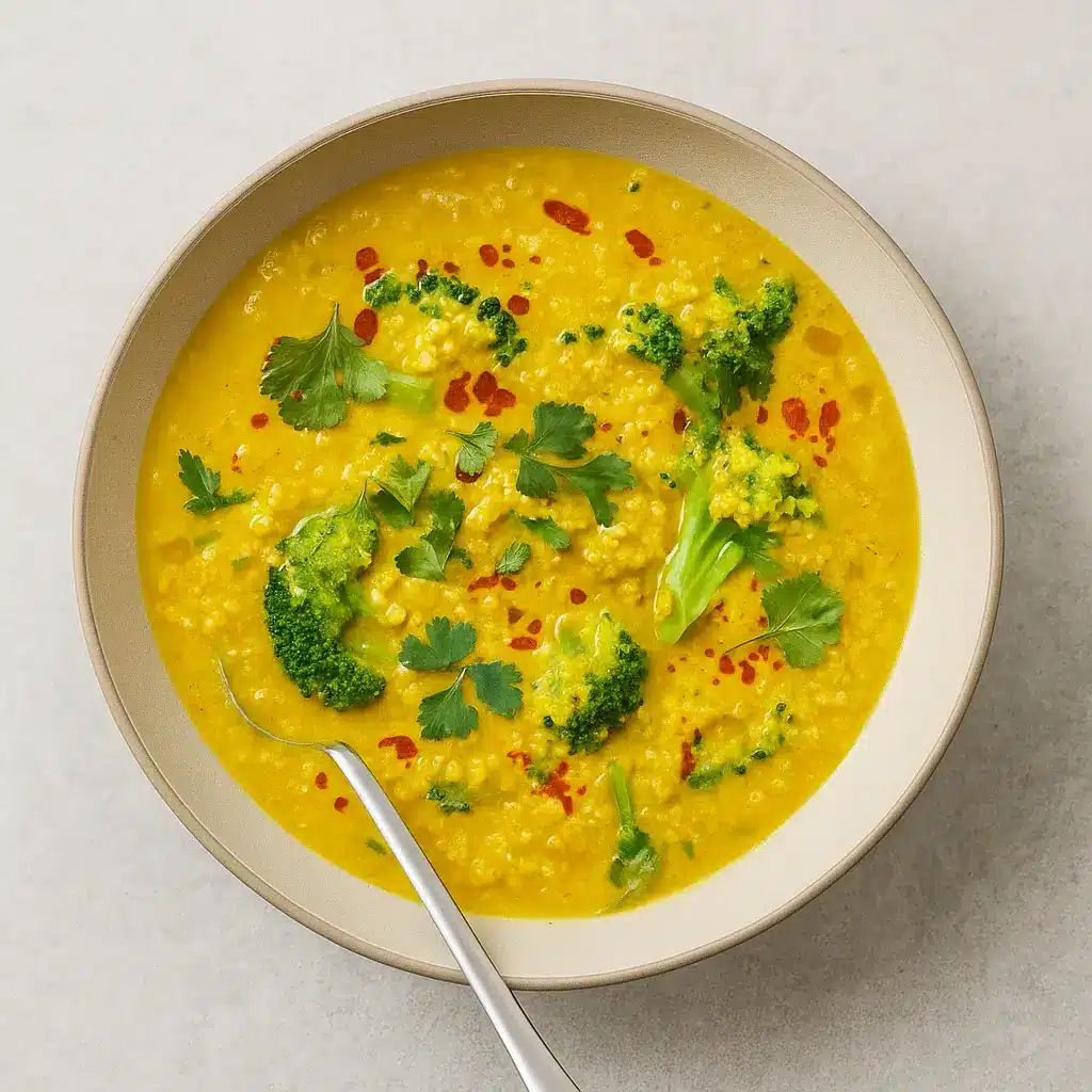 Broccoli-Quinoa Soup With Turmeric and Ginger in a rustic bowl