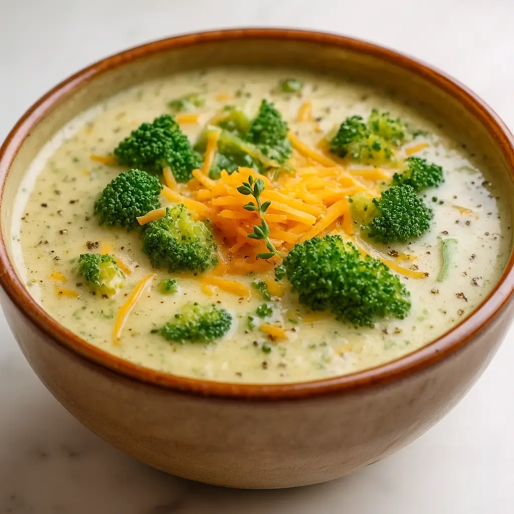 Cream Of Broccoli Soup Recipe in a bowl topped with cream and chives.