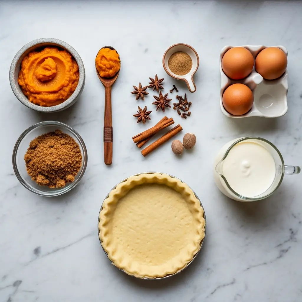 Brown Sugar Pumpkin Pie ingredients on marble countertop