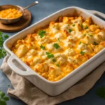 Buffalo Chicken Cauliflower Casserole Recipe baked with melted cheese