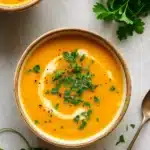 Butternut Squash and Sweet Potato Soup in rustic bowl