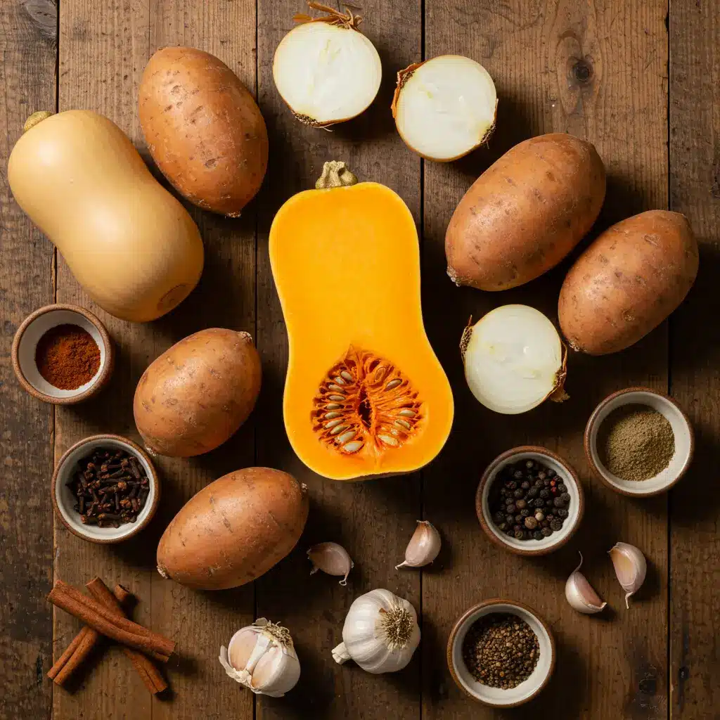 Butternut Squash and Sweet Potato Soup ingredients flat lay