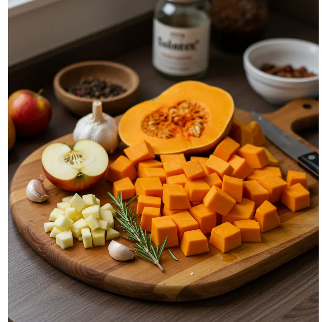 Butternut Squash & Apple Soup with Rosemary ingredients on wooden board