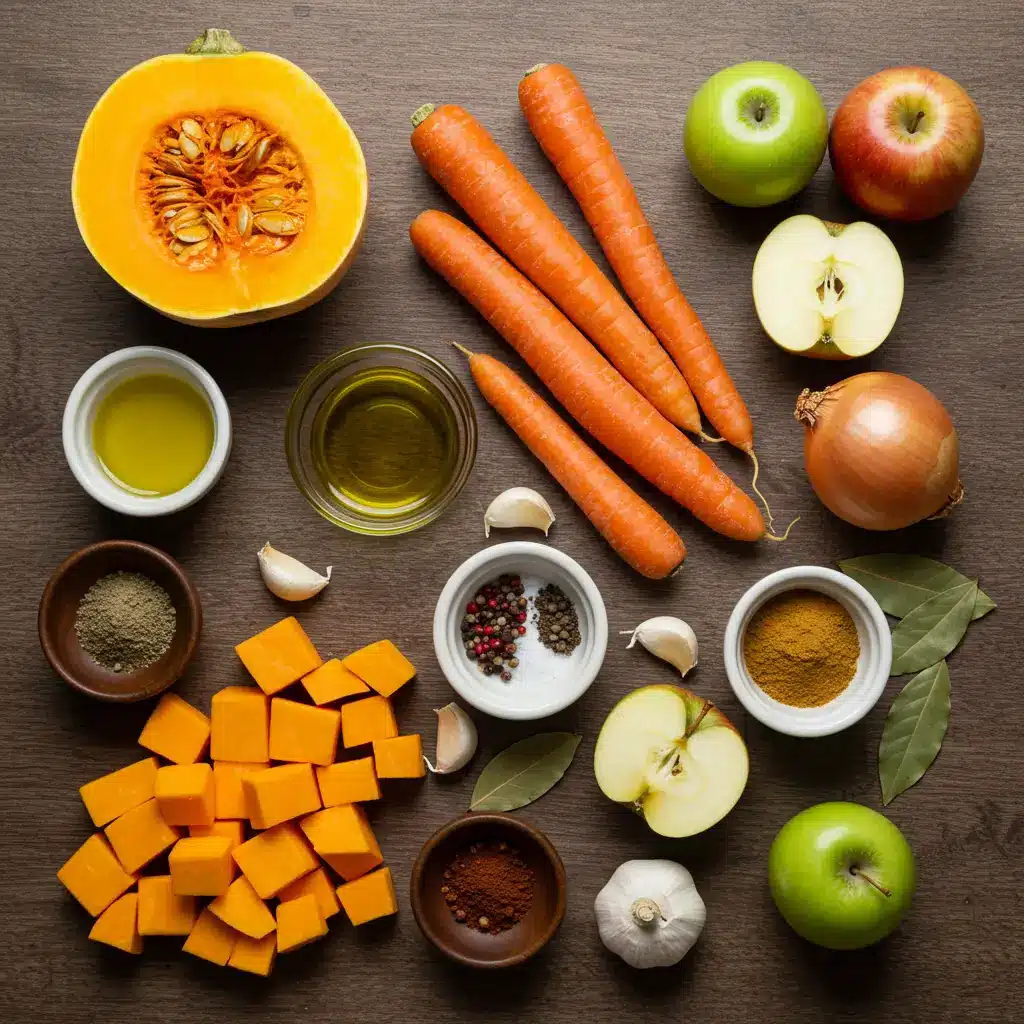 Butternut Squash Bisque Recipe ingredients on rustic wooden table