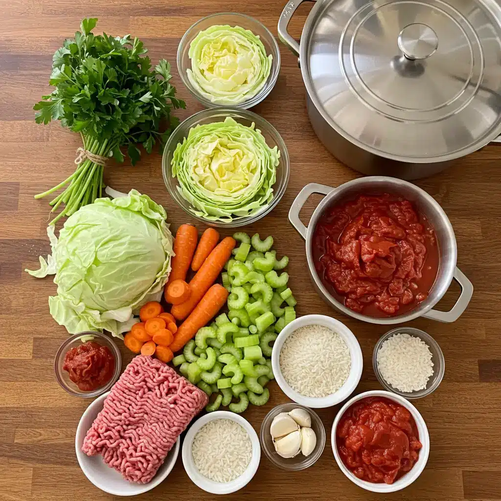 Ingredients for Cabbage Roll Soup Recipe arranged on a kitchen counter.