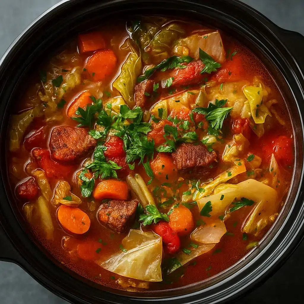 Hearty cabbage soup crockpot served hot
