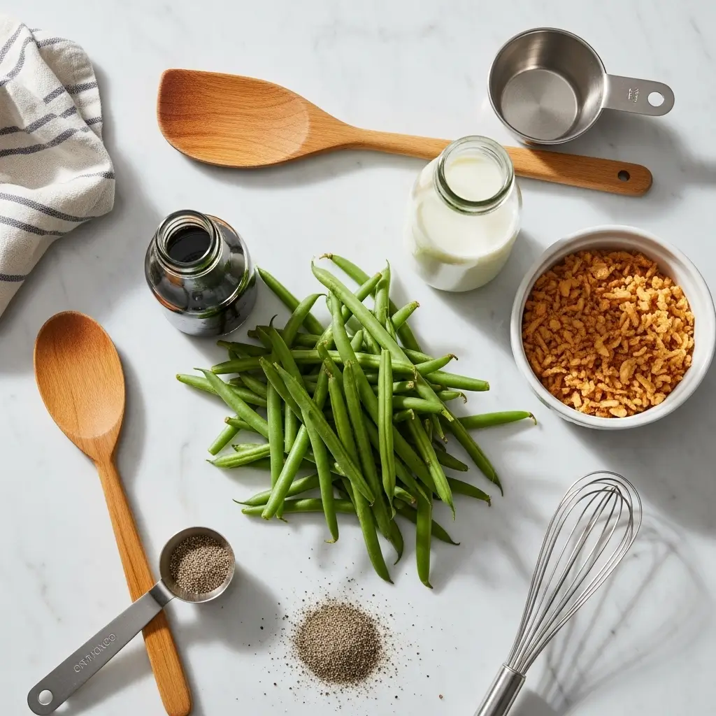 Campbells Green Bean Casserole ingredients laid out
