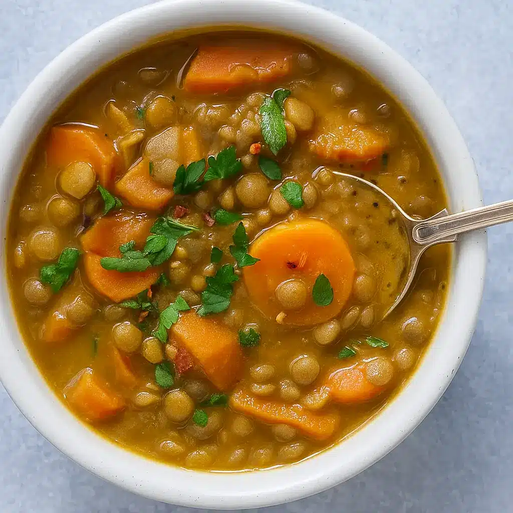 Carrot and Lentil Soup in a rustic bowl