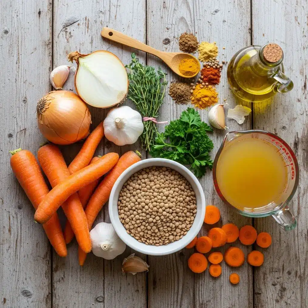 Carrot and Lentil Soup ingredients on counter