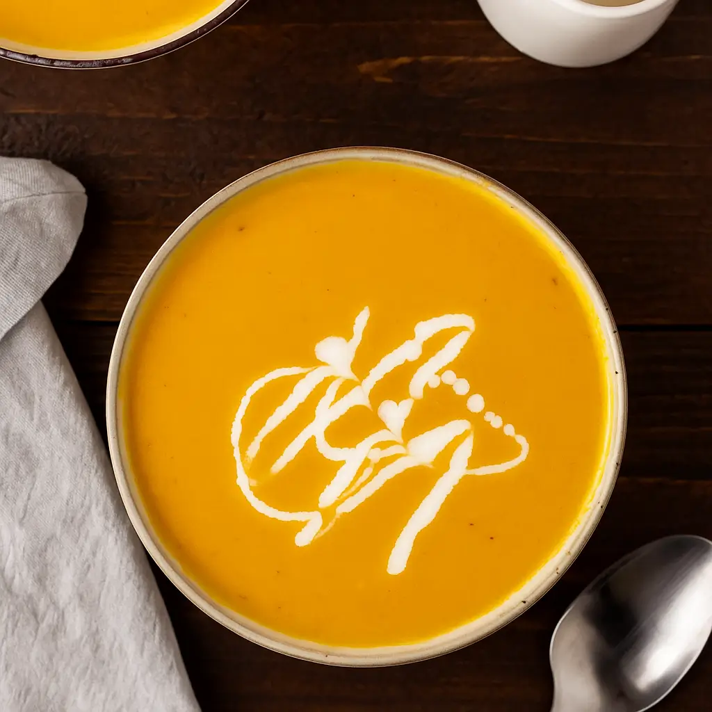 Carrot Ginger Soup in a bowl with coconut milk drizzle