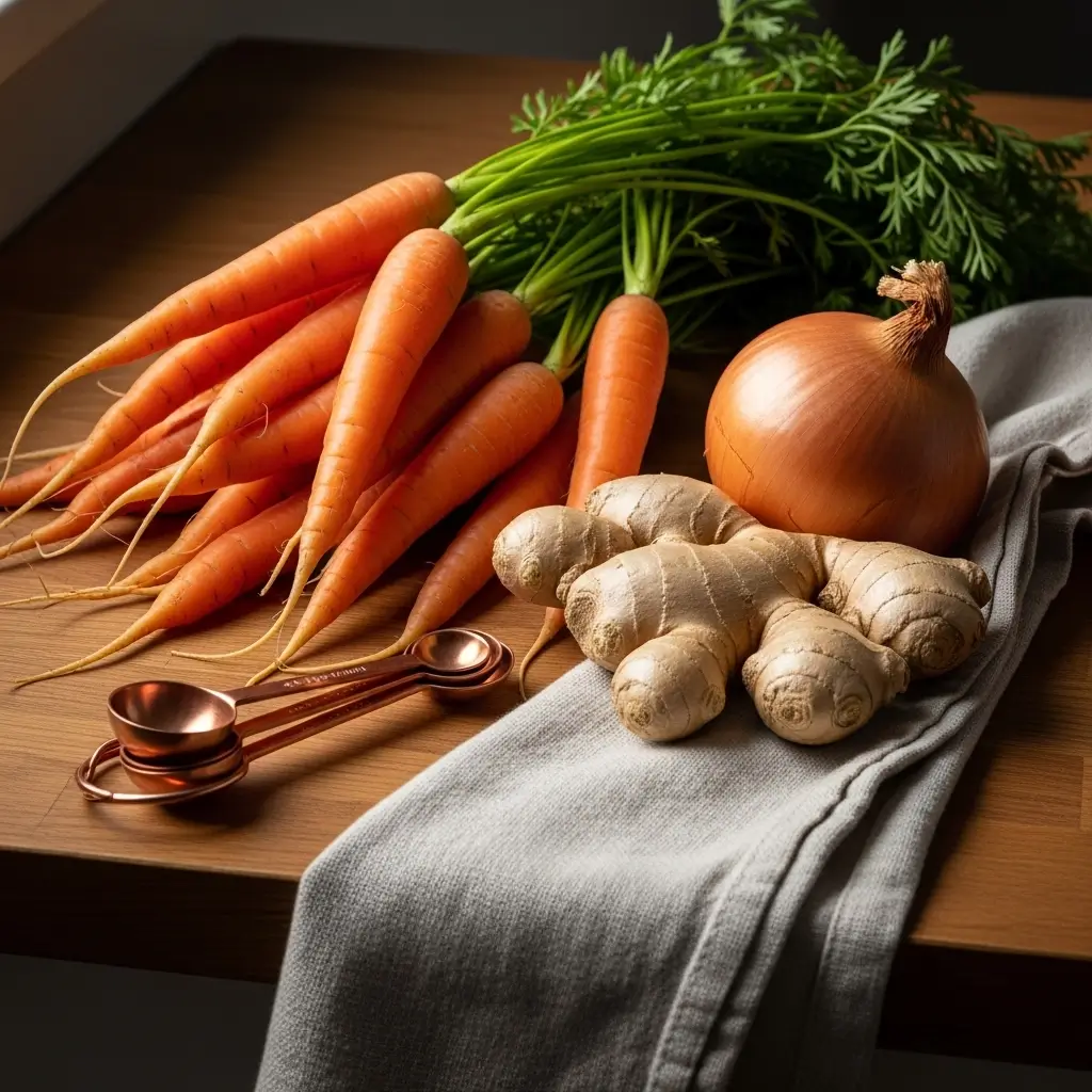 Ingredients for Carrot Ginger Soup displayed on a kitchen counter