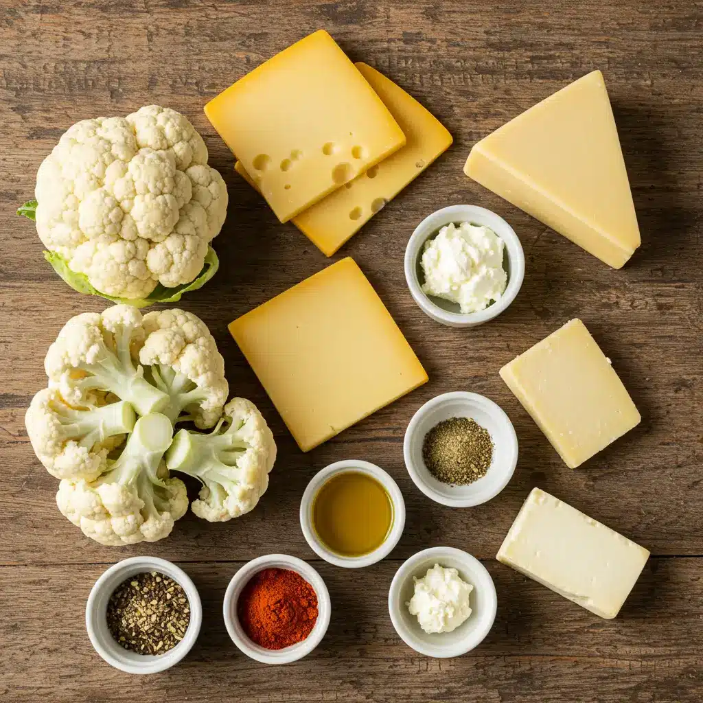 cauliflower mac and cheese ingredients on rustic table