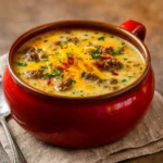 Cheesy Beef And Potato Soup in a rustic bowl