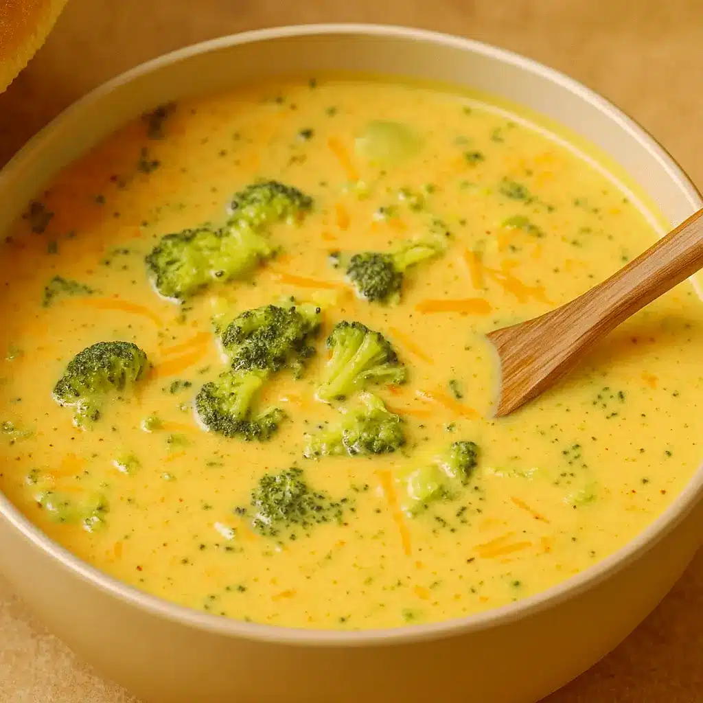 Bowl of Cheesy Broccoli Cheddar Soup topped with melted cheese and fresh broccoli