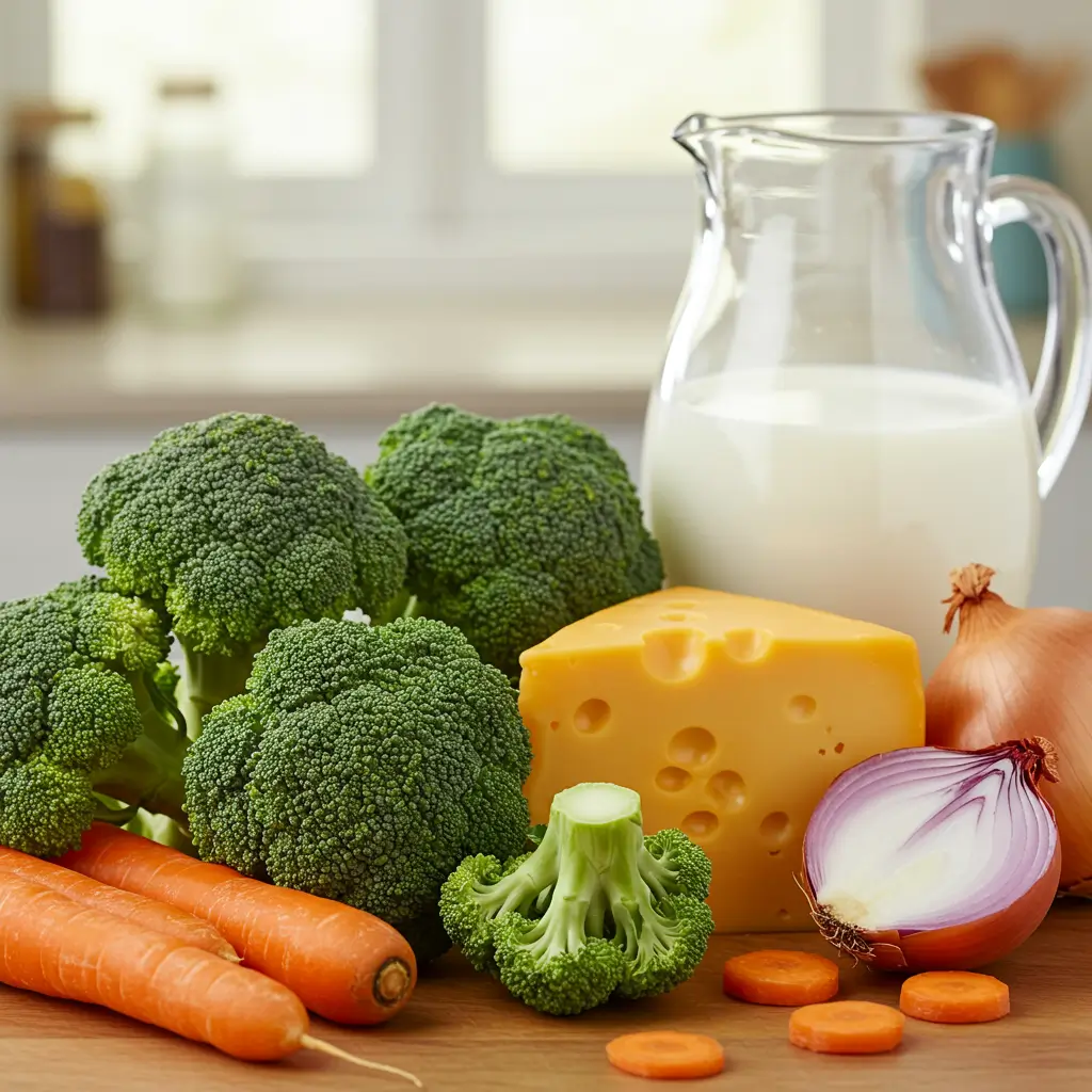 Ingredients for Cheesy Broccoli Cheddar Soup including broccoli, cheese, and milk