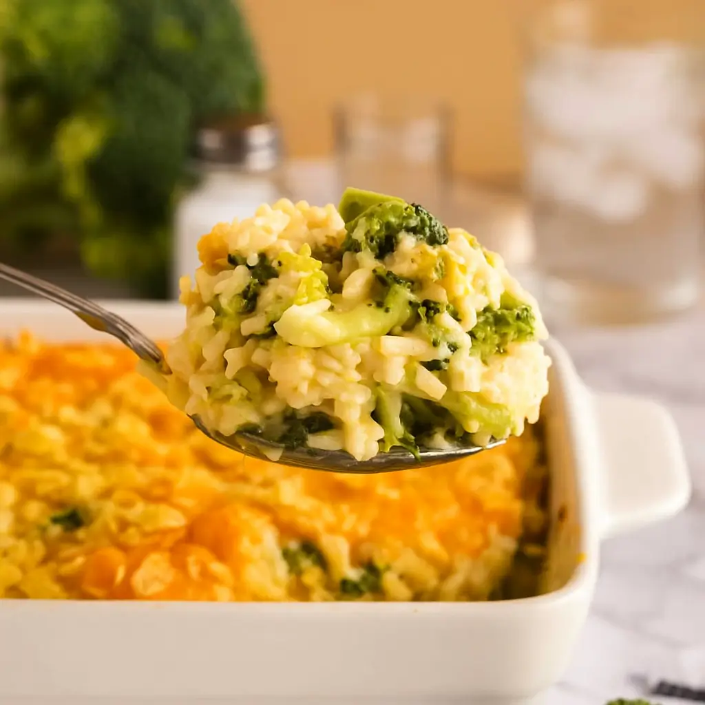 Cheesy Broccoli Rice Casserole baked golden brown