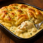 cheesy chicken crescent bake in casserole dish
