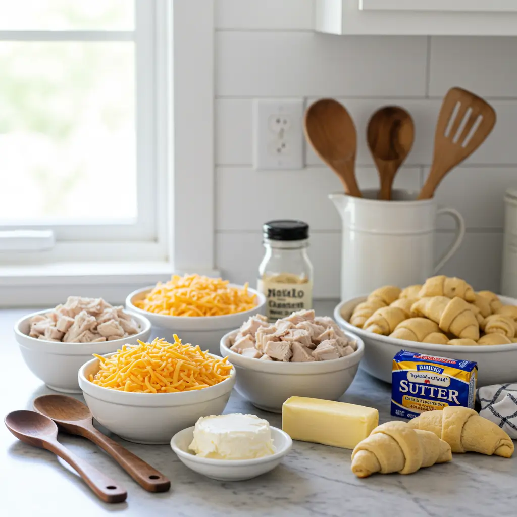 cheesy chicken crescent bake ingredients on a kitchen counter