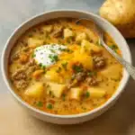 cheesy hamburger potato soup in rustic bowl with cheddar and green onions