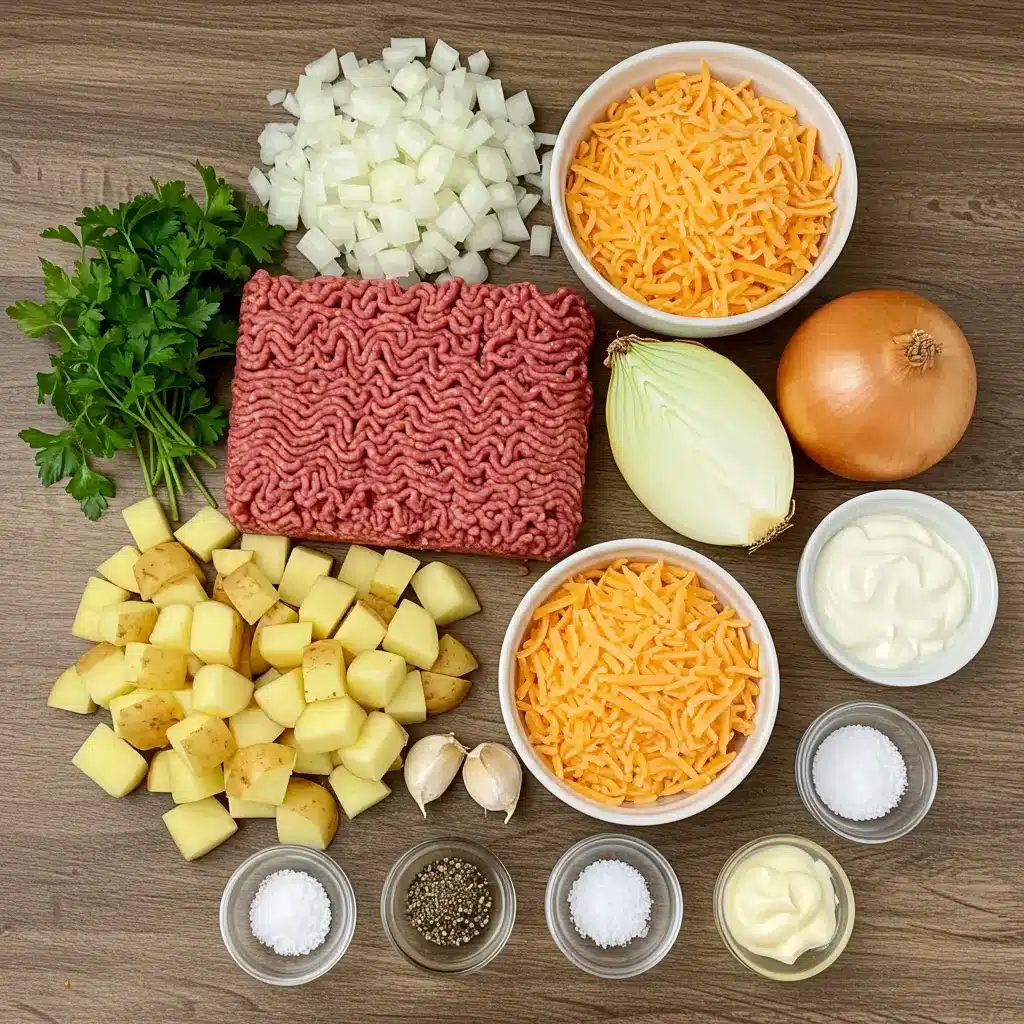 cheesy hamburger potato soup ingredients flat lay