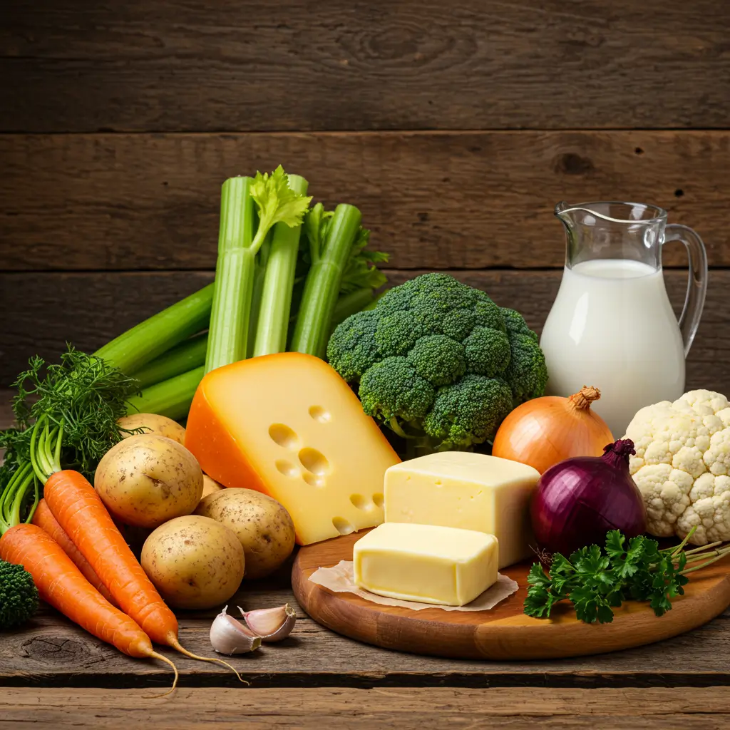 Cheesy Vegetable Chowder ingredients on a rustic kitchen table