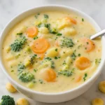 Bowl of creamy Cheesy Vegetable Chowder topped with cheddar