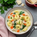 Creamy Chicken Alfredo Tortellini Soup with spinach and Parmesan