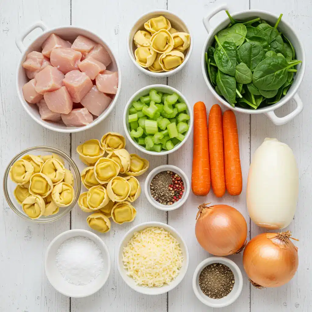 Chicken Alfredo Tortellini Soup ingredients on a white kitchen counter