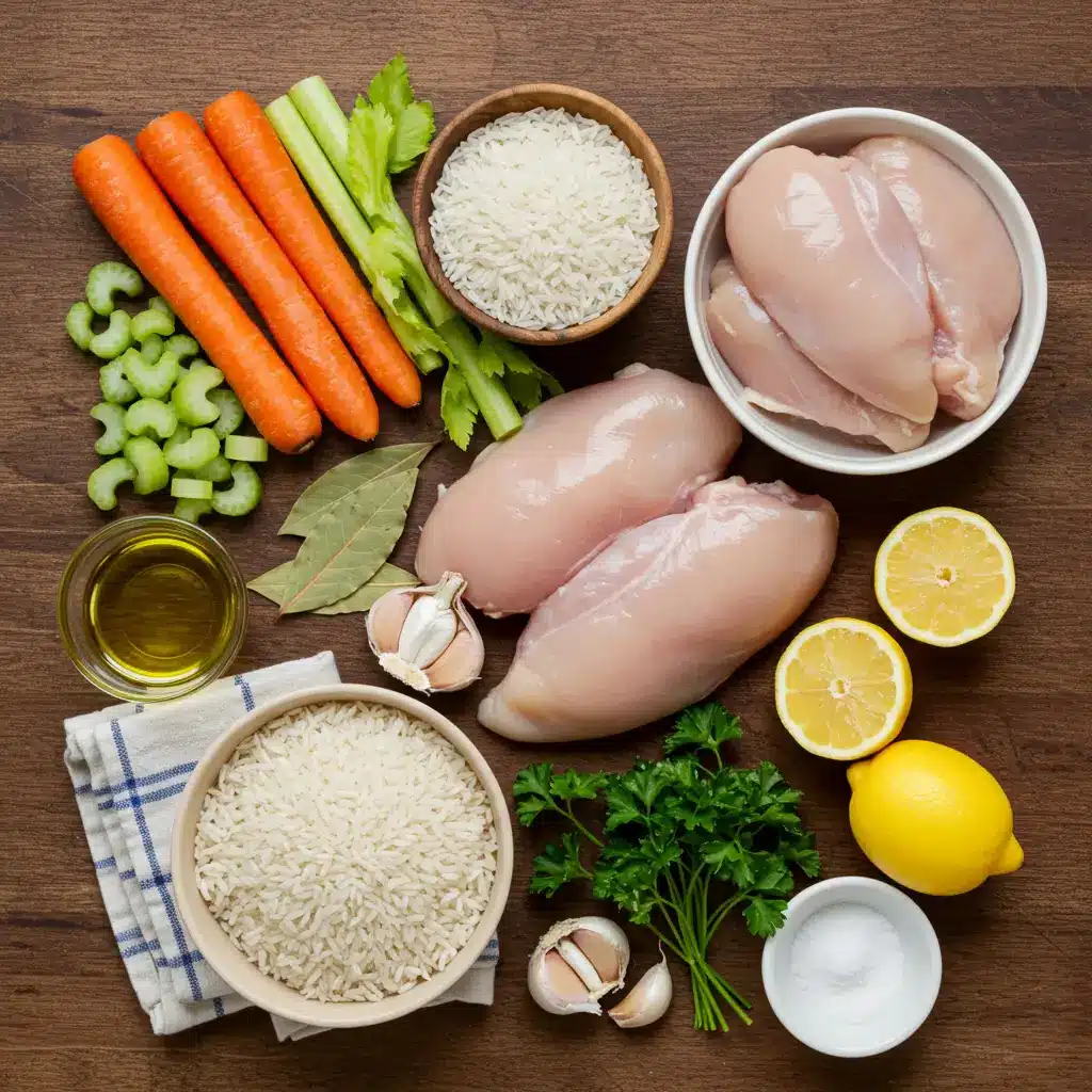 Chicken & Rice Soup ingredients on wooden board.