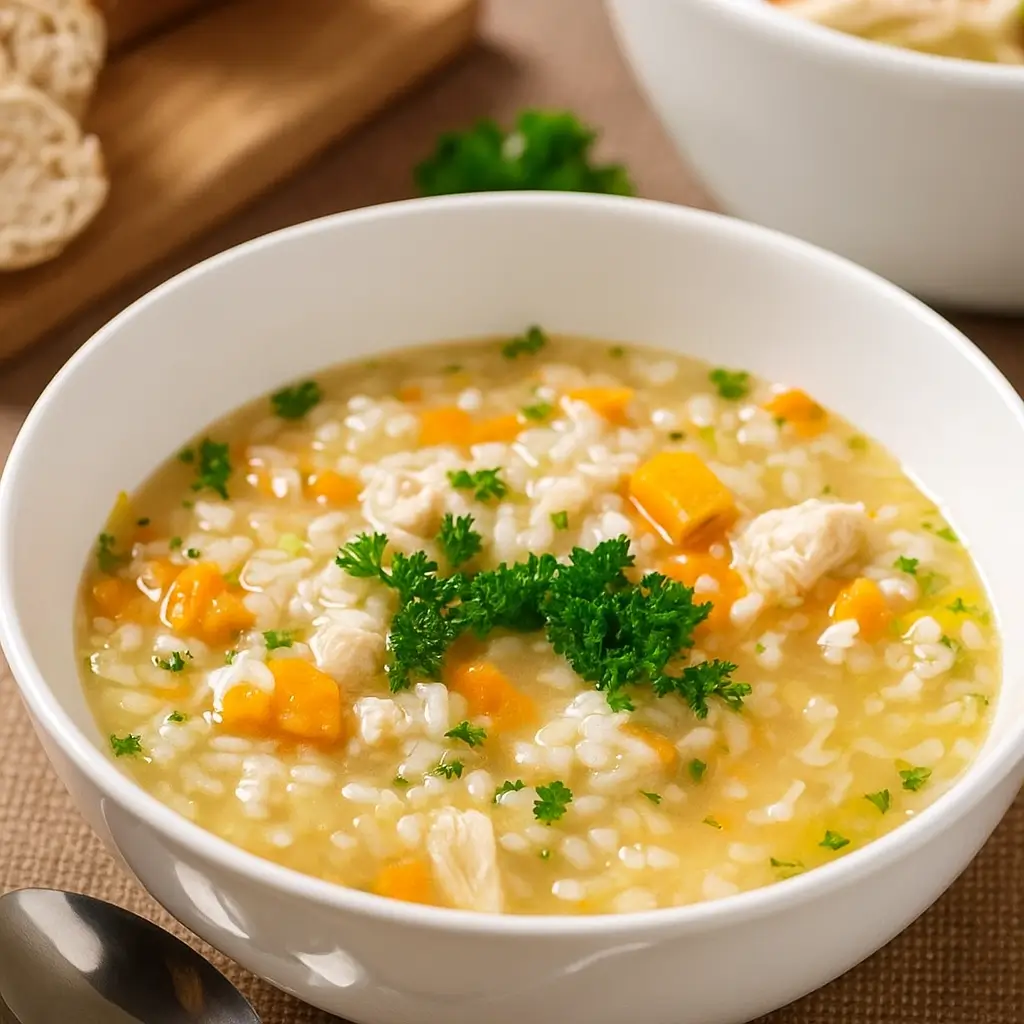 Chicken & Rice Soup served warm in a white bowl.