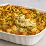 Chicken & Stuffing Casserole baked golden brown in dish