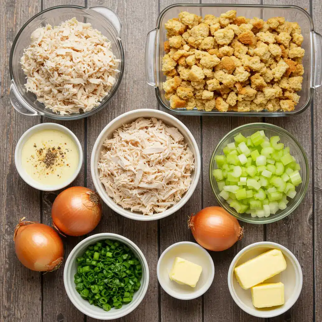 Chicken & Stuffing Casserole ingredients on wooden table