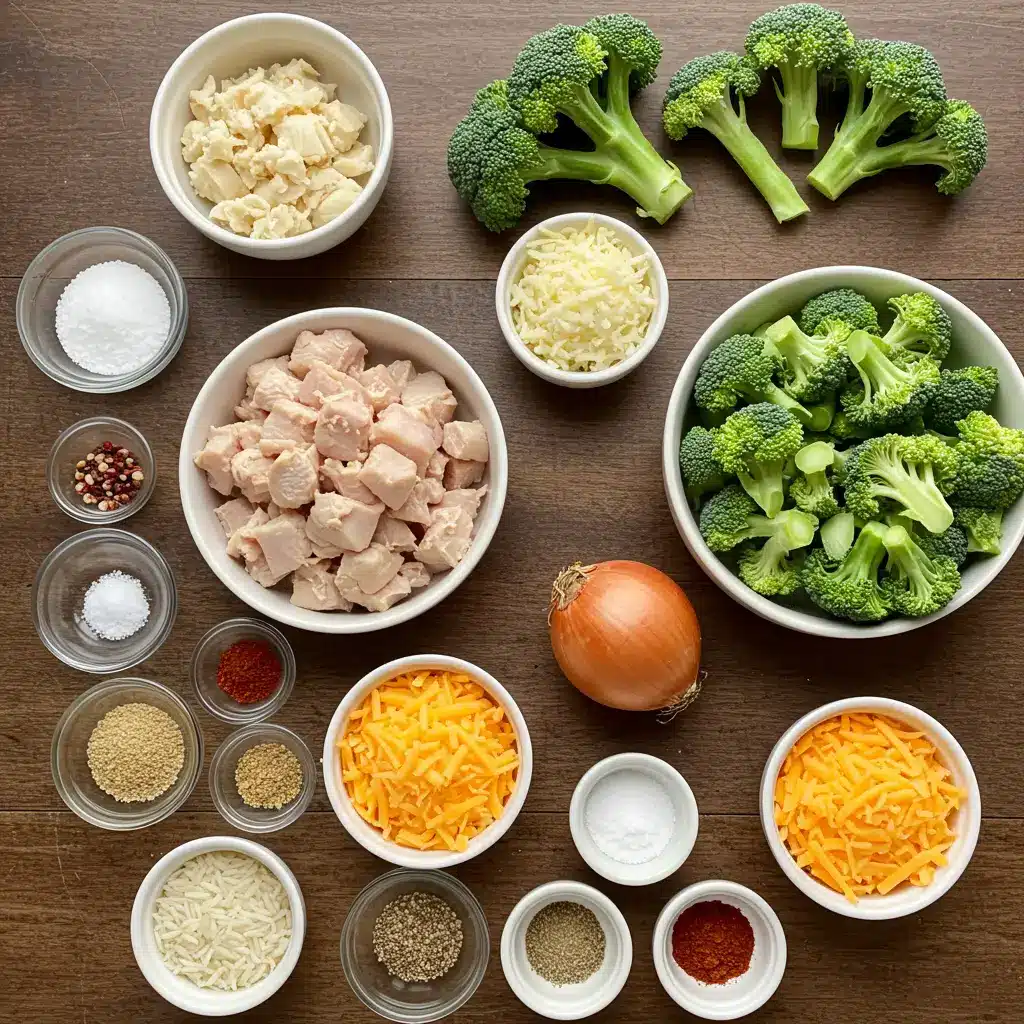 Chicken Broccoli Rice Casserole ingredients flat lay