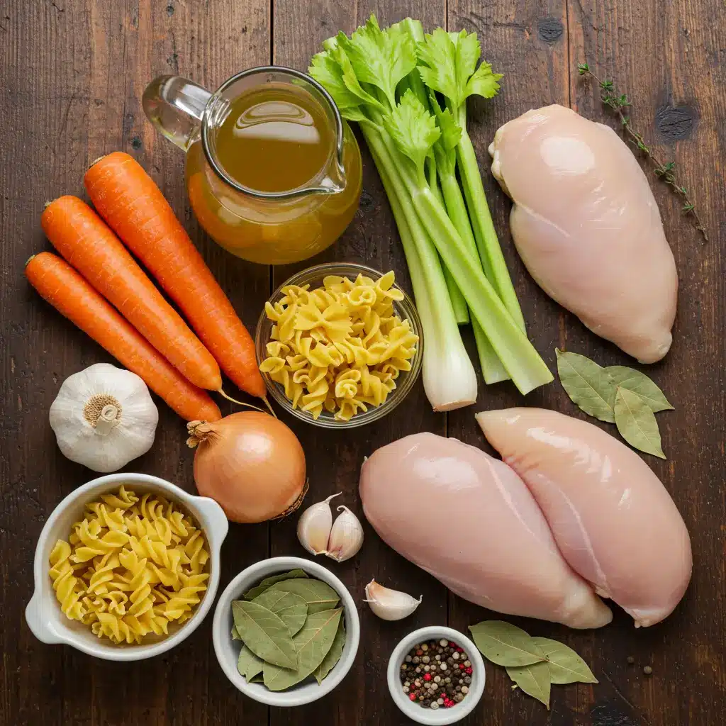 Ingredients for chicken noodle soup with egg noodles laid out on kitchen counter